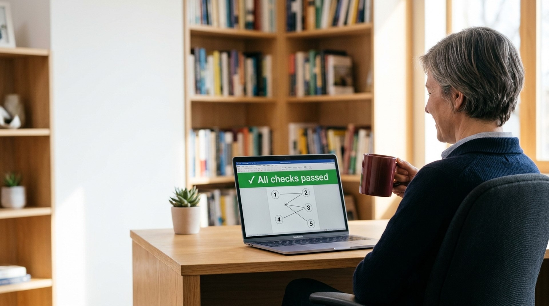 A professor sips coffee, pleased by a green All checks passed banner beside a document whose reading order is scrambled.