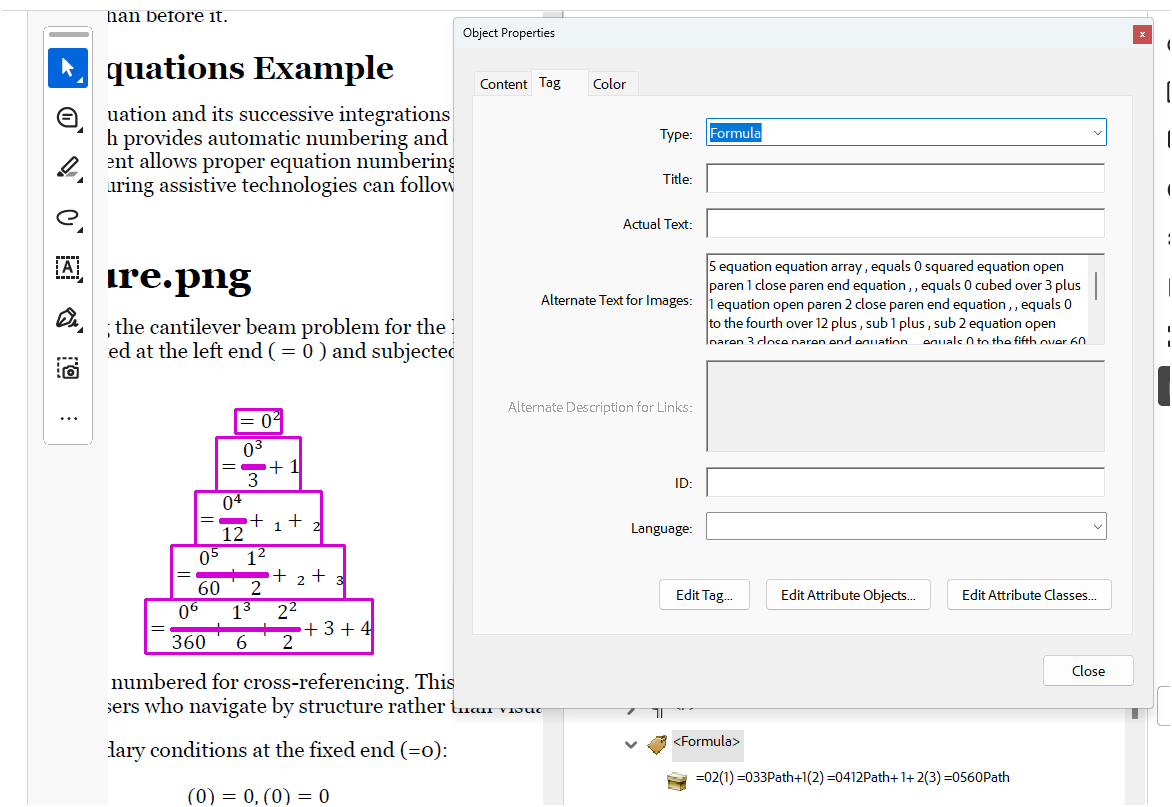 Acrobat Object Properties for a Formula tag, with generated alternate text describing the equations.