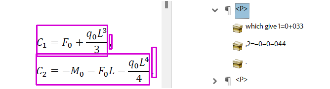 Acrobat tag tree: equations sit inside a P tag as plain text fragments, with no Formula tag.
